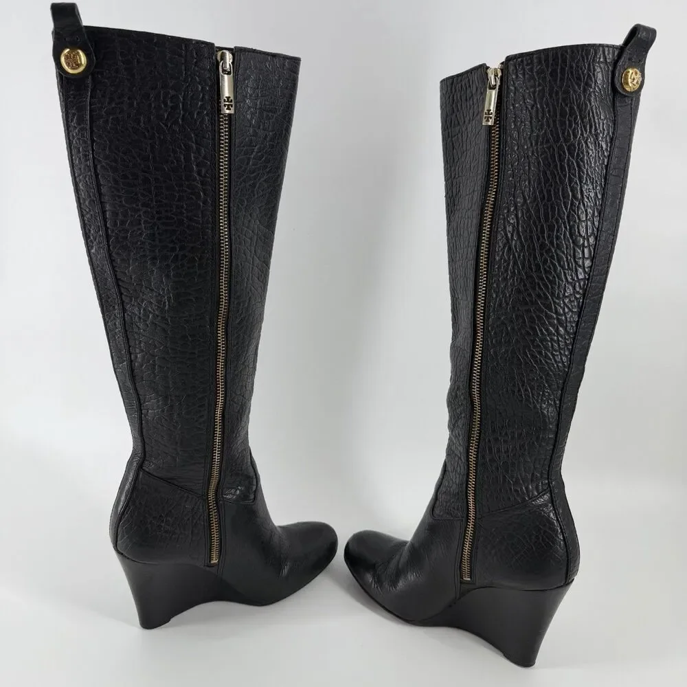 Tory Burch Dabney Knee High Wedge Boots Women’s 7.5 Black Pebbled Leather Zip Up
